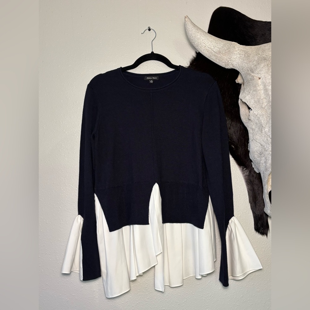 Women's Navy and White Sweater with Flared Hem